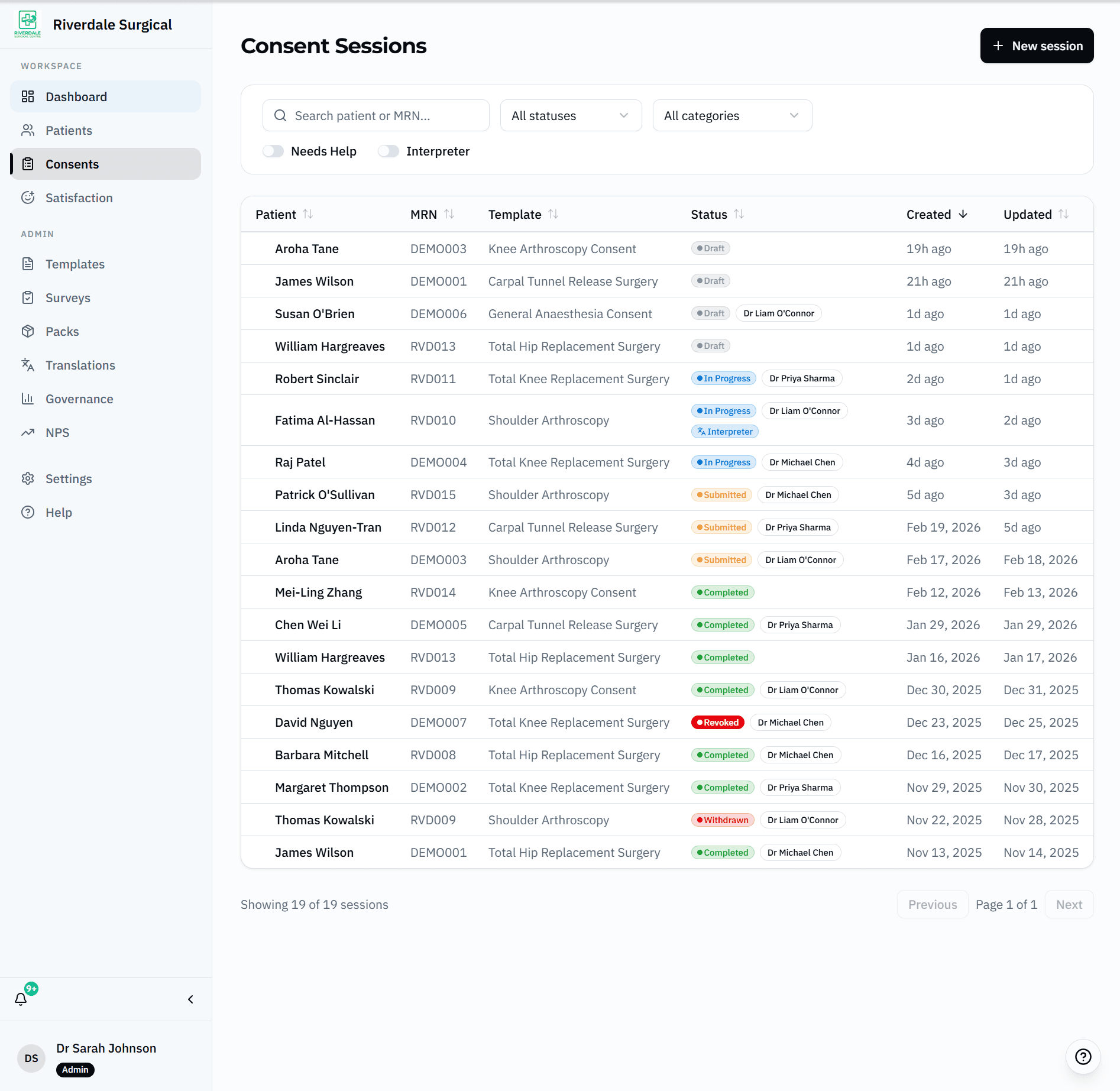 GetConsent sessions dashboard
